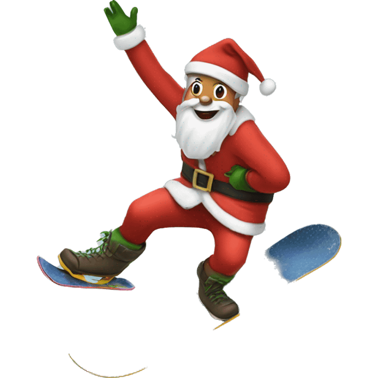 Santa snowboarding with an elf on his back emoji