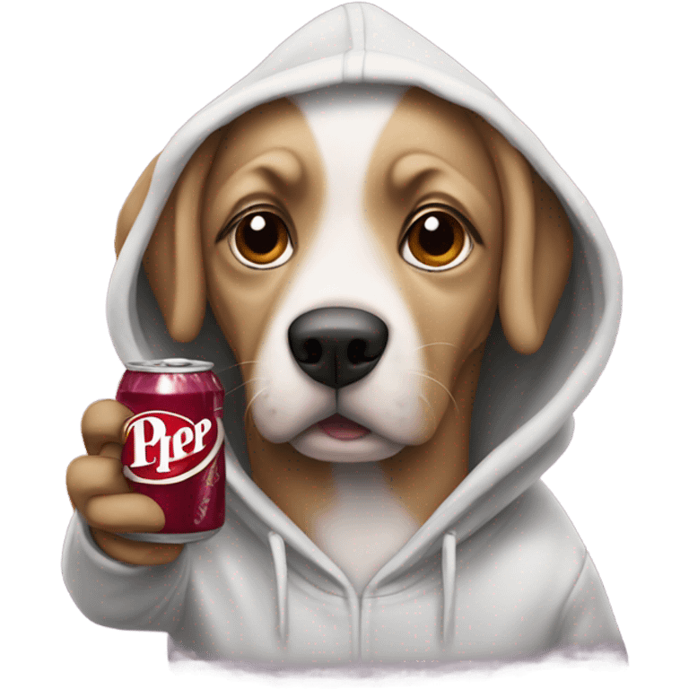 Dog wearing hoddie while drinking Dr Pepper  emoji