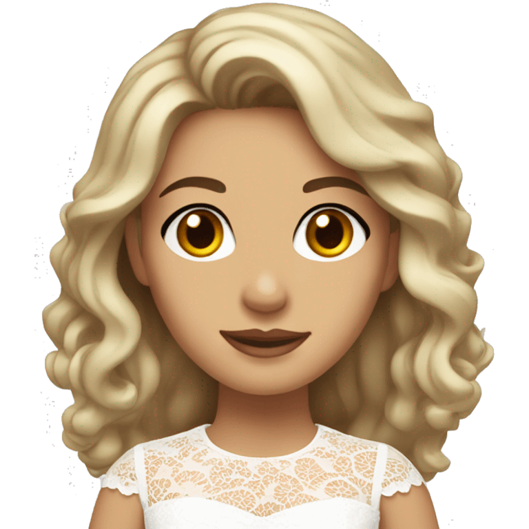 Adult woman with brown eyes, light tanned skin, long wavy dark brown hair, wearing a white lace dress emoji