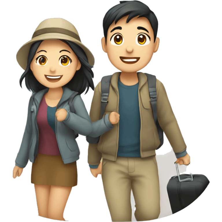 Cute young  Asian couple excitedly traveling  emoji