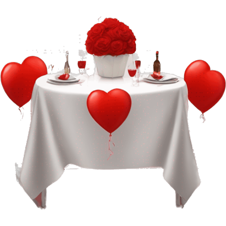 Red romantic party setting for two people and heart balloon  table with white cloth  emoji