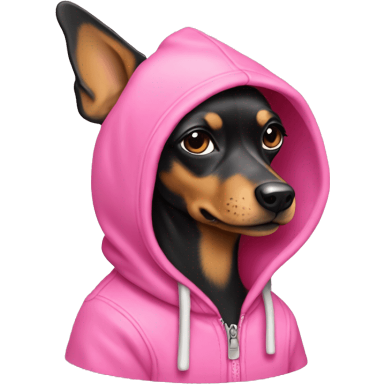 Black and tan miniature pincher wearing a pink hoodie emoji