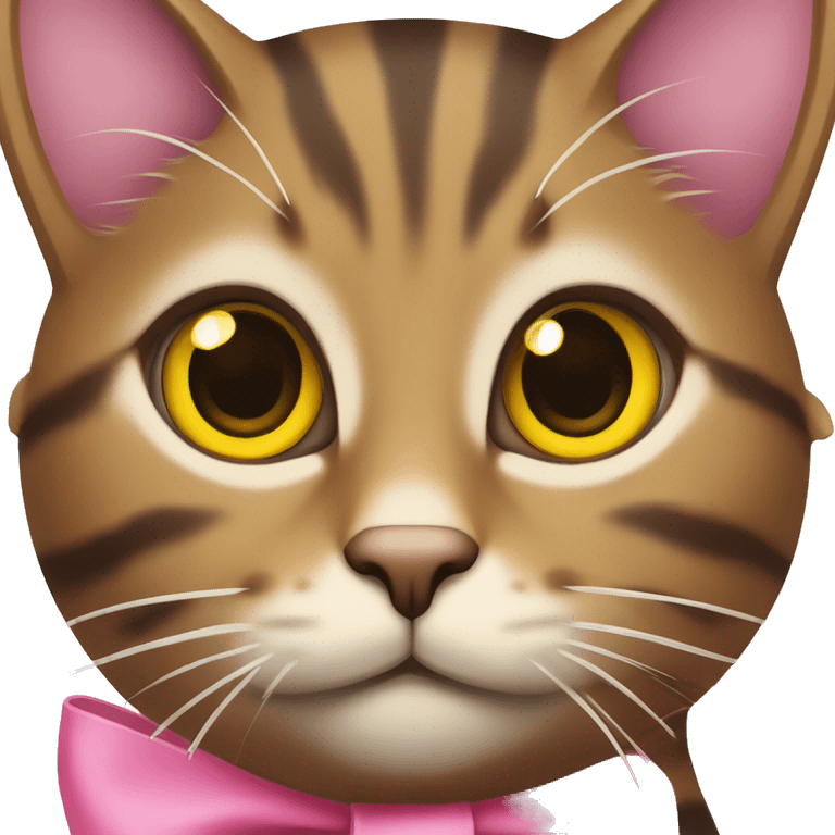 brown tabby cat with yellow eyes and pink bow emoji