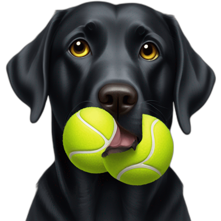 Black Labrador retriever three tennis balls in mouth small eyes emoji