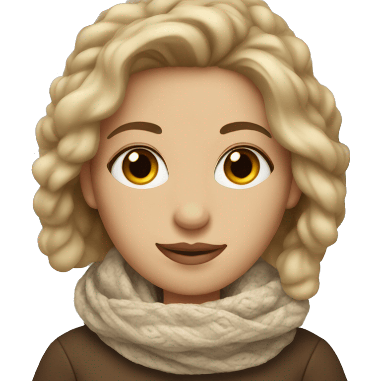 Dark blonde hair woman with brown eyes cozy scarf with coffee emoji