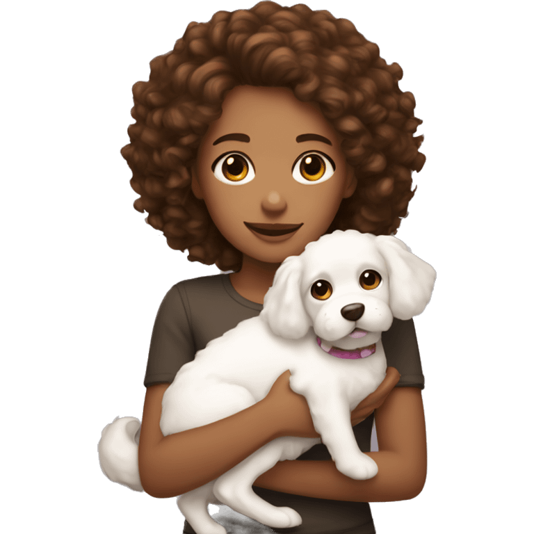 Girl with brown eyes and brown curly hair holding fluffy white dog  emoji