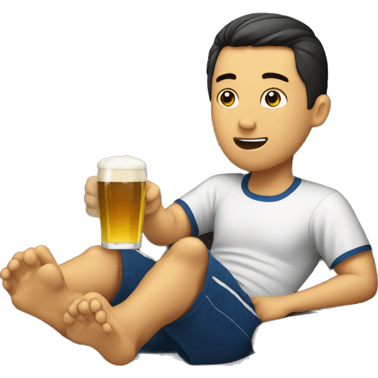 watching soccer, sitting sofa, drink beer, asian man emoji