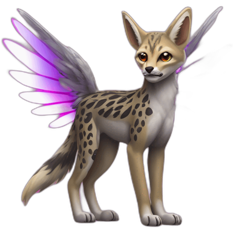 Coyote ocelot standing with grey and black fur and phoenix wings on back and pink ears half skeleton, neon lights emoji