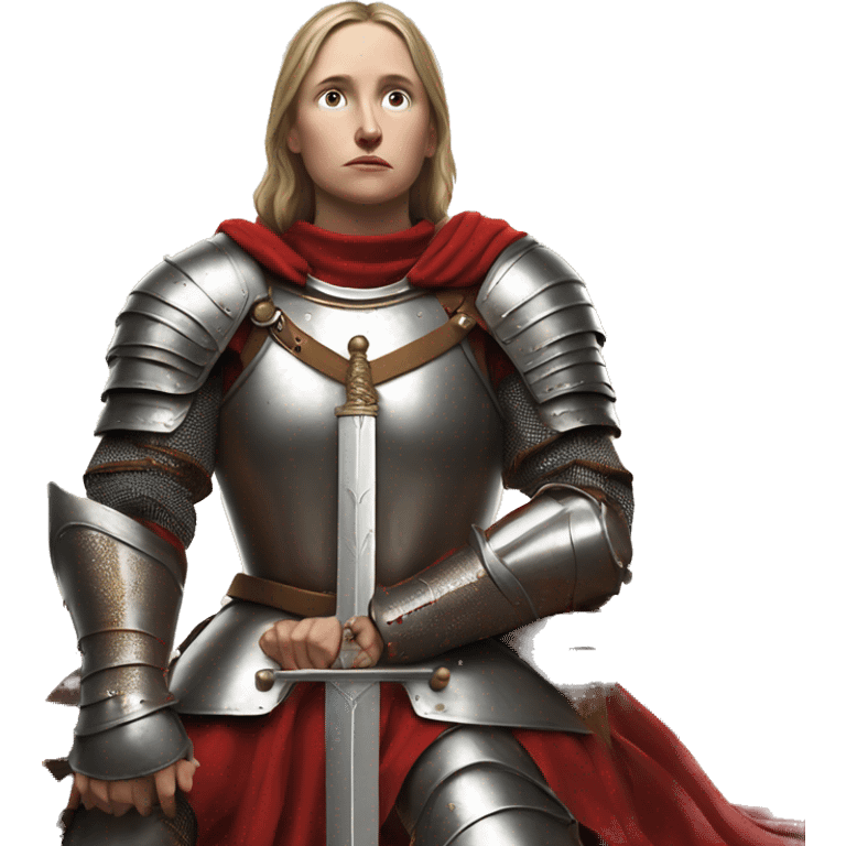 Joan of arc in medieval armor kneels, looking upward, with hands resting on a large sword. They're dressed in a red garment under the armor. emoji