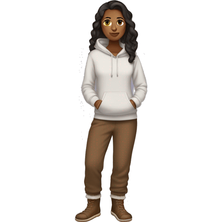 Brown woman wearing sweatpants, hoodie and Ugg slippers not boots emoji