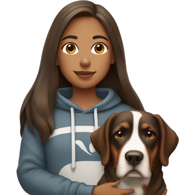 girl with long brown hair in a sweatshirt holding a greater swiss mountain dog emoji