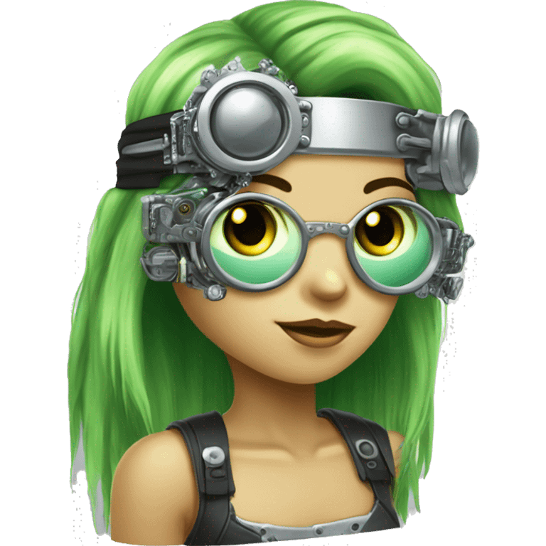 Light green long hair female cyborg head with silver steampunk goggles as a headband, circuits emoji