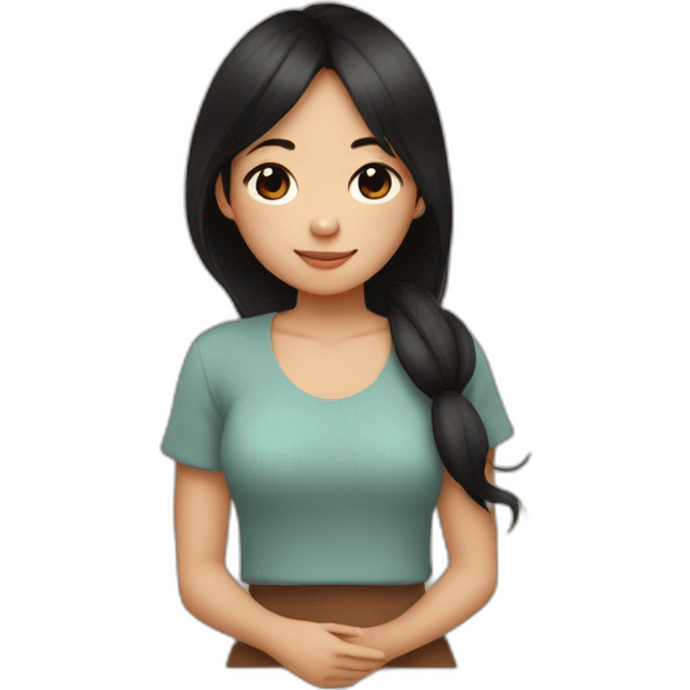 Asian girl with brown eyes and middle black hair and cute top cuddling a brown lovely monkey emoji