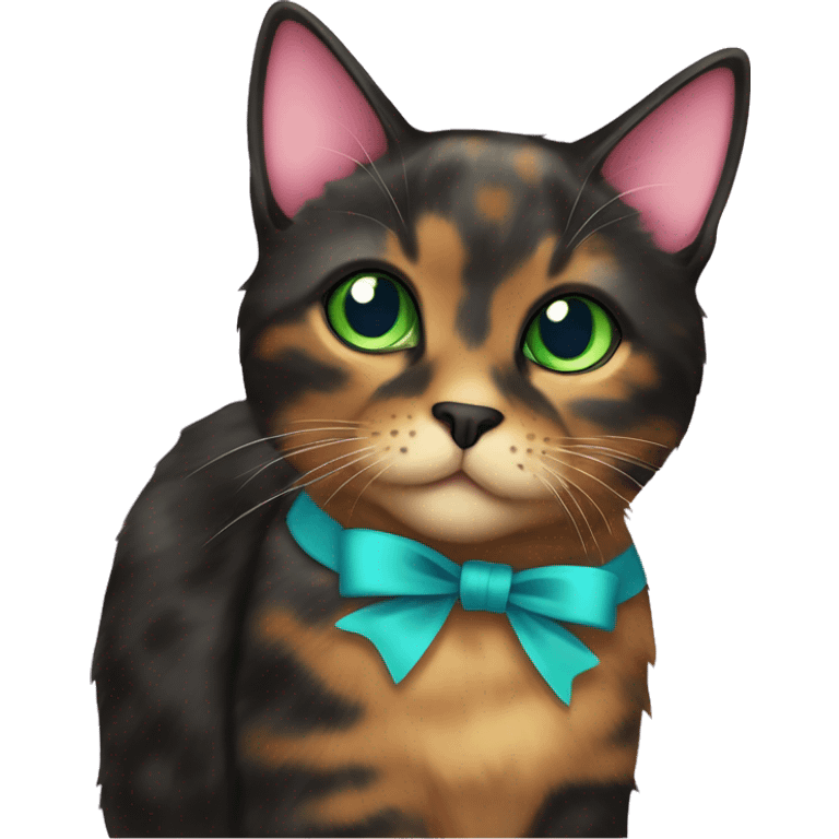 tortoiseshell cat more black furr with green-blue eyes and a pink bow collar emoji