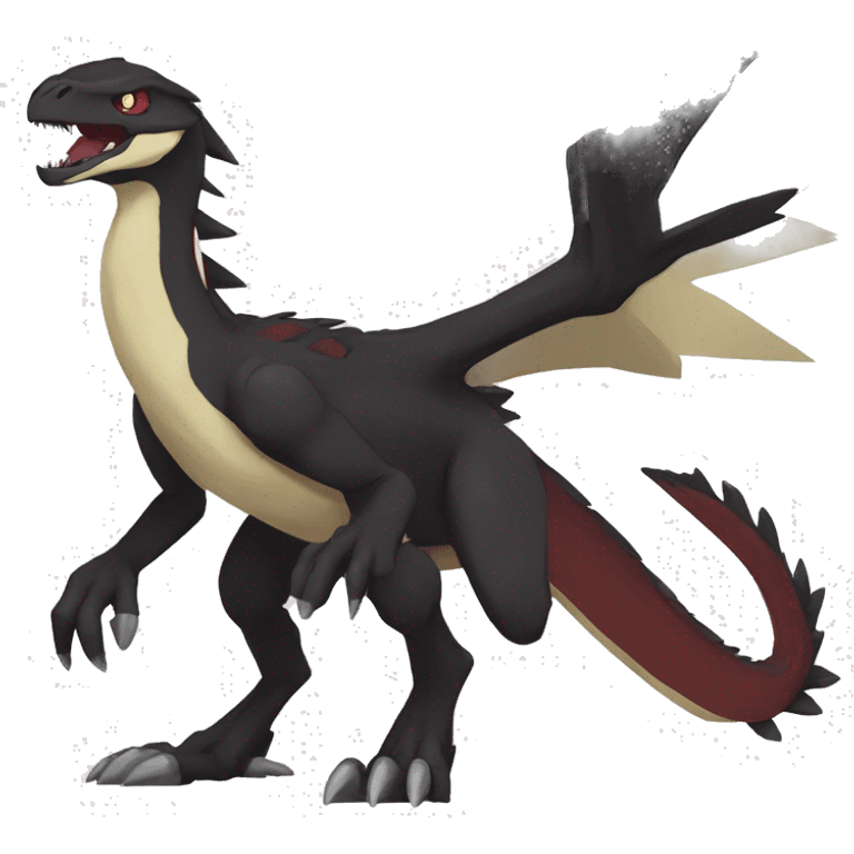  Cool Edgy Black Digimon-Fakemon-Raptor-Reptile with beige belly and maroon-colored mane full body emoji