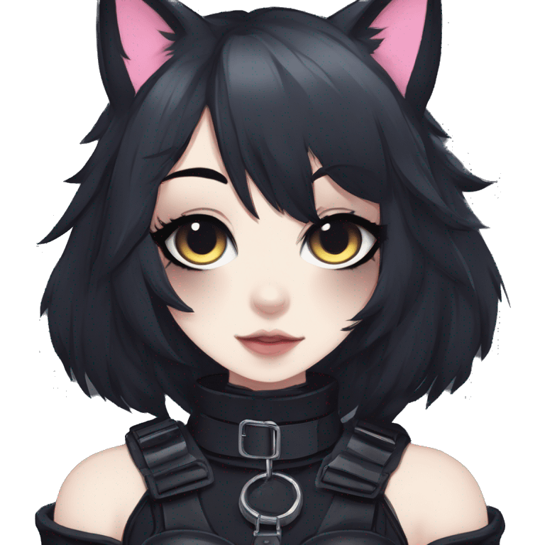 Gorgeous gothic dark techwear anime style anthro black cat furry with blushing face aesthetic and pretty edgy black with collar and harness trending style emoji