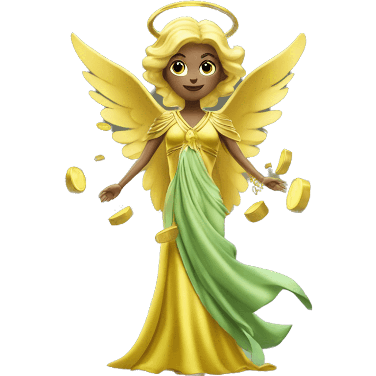 money angel lady in yellow whitish greenish long gown with huge golden wings abundance wealth prosperity emoji