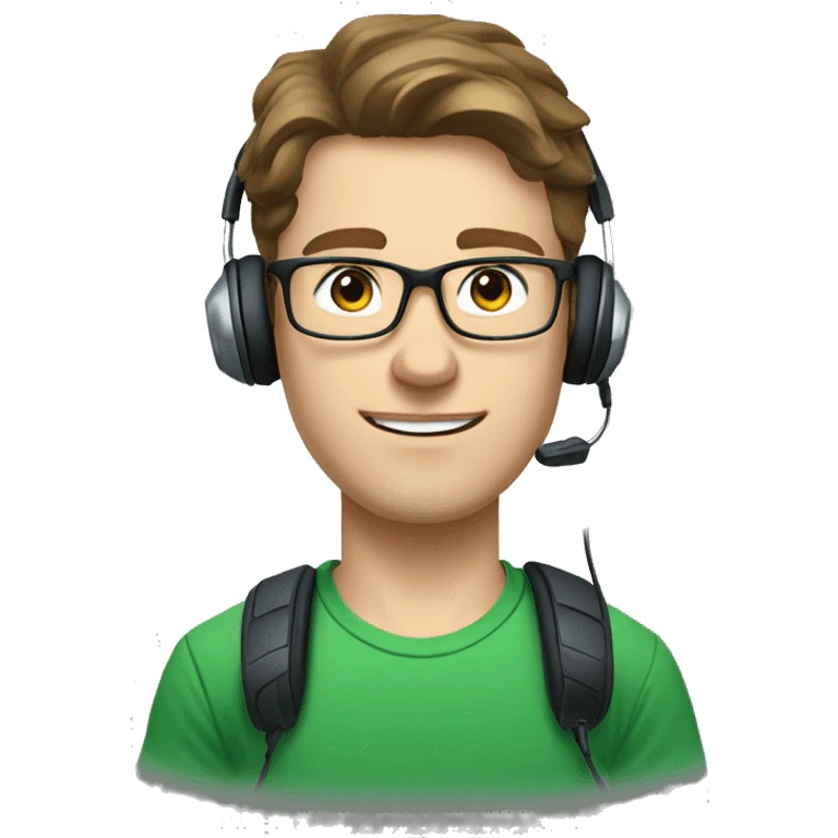 white young man with blue eyes and brown hair and square glasses wearing green t-shirt with headset emoji