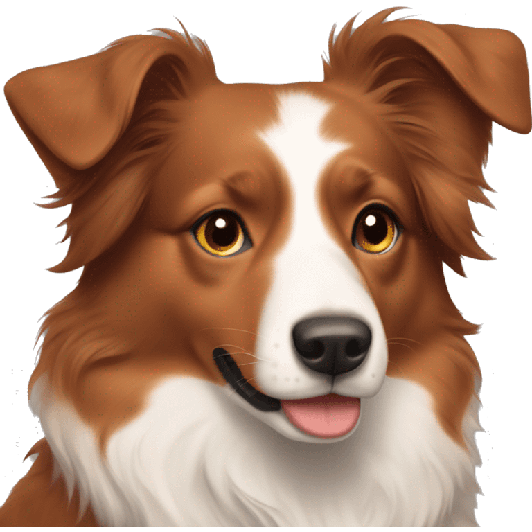 Red Australian shepherd with one pointy ear with a girl with black hair, light skin, brown eyes and soft smile emoji