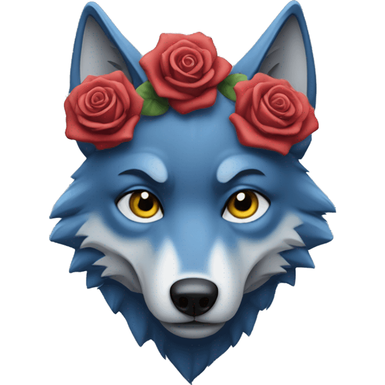 Sad blue wolf, with a serious face, holding a rose  emoji