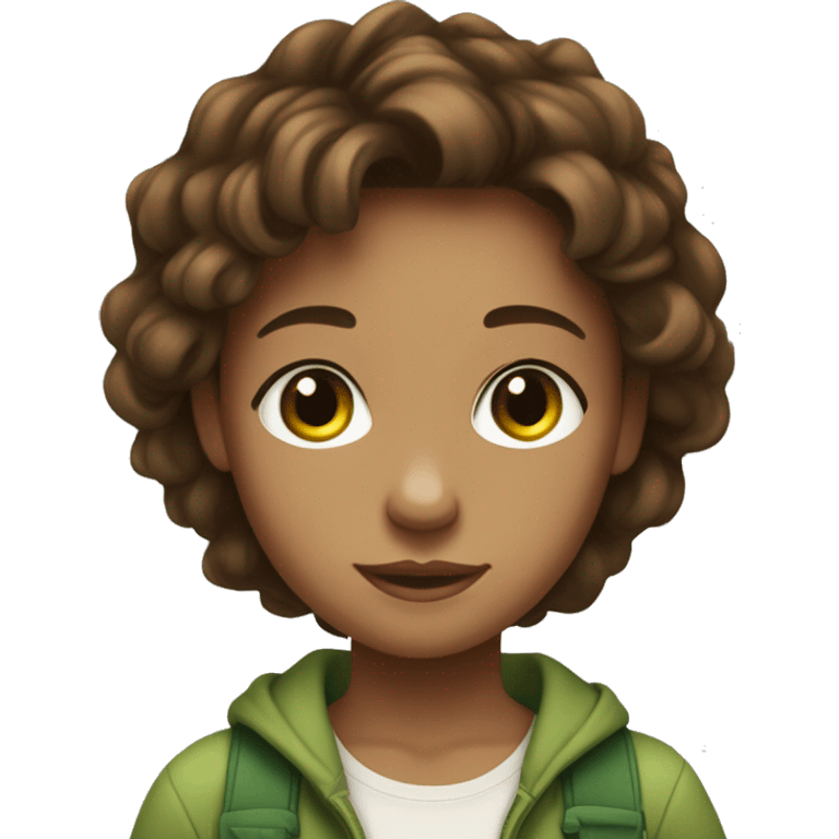 A girl with brwn hair and eyes, in love with a light skin, light brown hair, green mixed with brown eyes, litle bold boy emoji