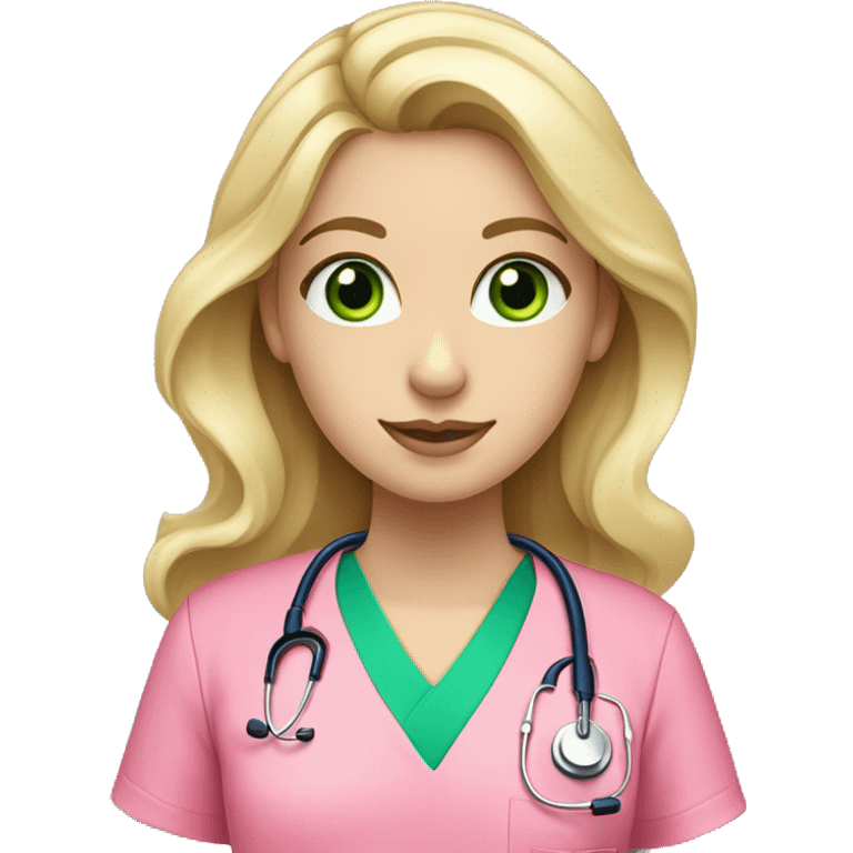 pale blonde girl with long wavy hair and green eyes wearing pink scrubs and stethoscope  emoji