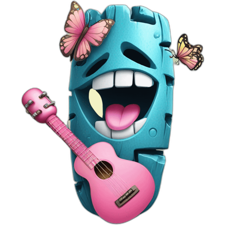 Cartoon Blue and pink tiki singing with butterfly and in the mikrophone emoji