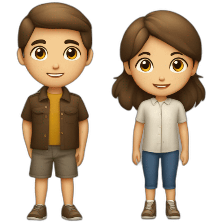 Gemelos Niño y niña de 8 años, niño pelo marrón claro liso y niña pelo marrón oscuro rizado emoji