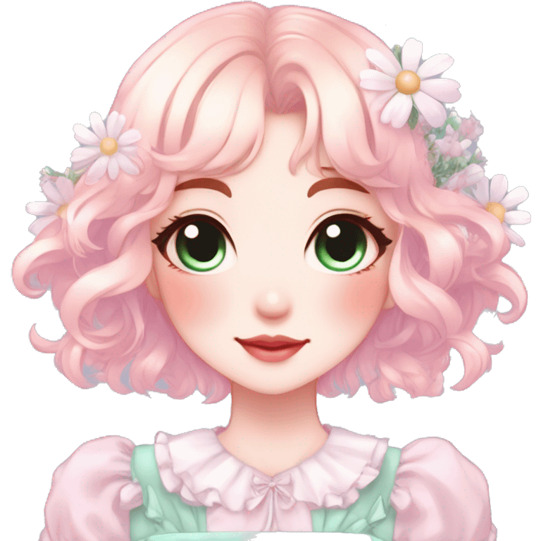 Gorgeous pastel anime style lady with blushing face and daisies cottagecore fairycore pastelcore shiny colorful pearly aesthetic trending style emoji