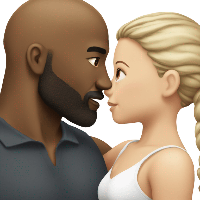 White girl brunette kissing muscular black bald man with beard emoji