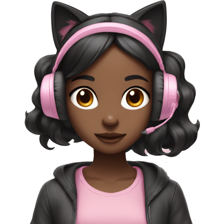 Black hair girl with pastel pink gaming headset that has cat ears  emoji