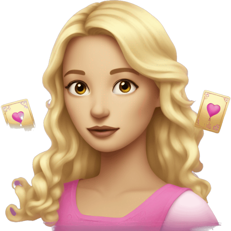 Blonde beautiful girl with pink pink tarot gold cards emoji