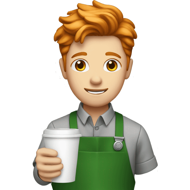 A barista boy ginger hair in a green apron holding a cup of coffee emoji