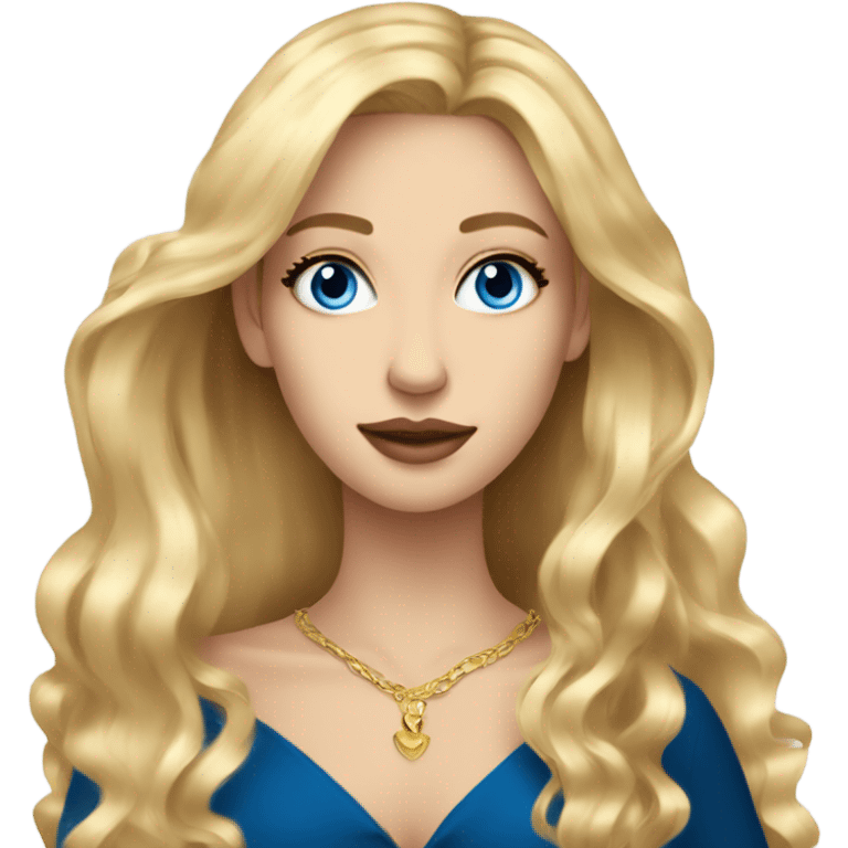 Beautiful skinny woman long blonde hair in dark dress with blue eyes gold earrings with book  emoji