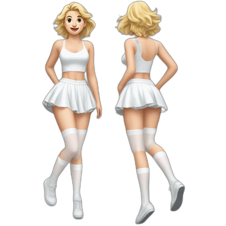 Hyperrealistic Full body Caucasian curvy beauty jumping short white skirt back and front views strong wind knickers long white socks emoji