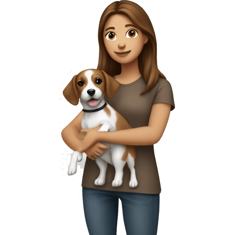 A brown haired girl holding a little jackrussel in golden brown emoji