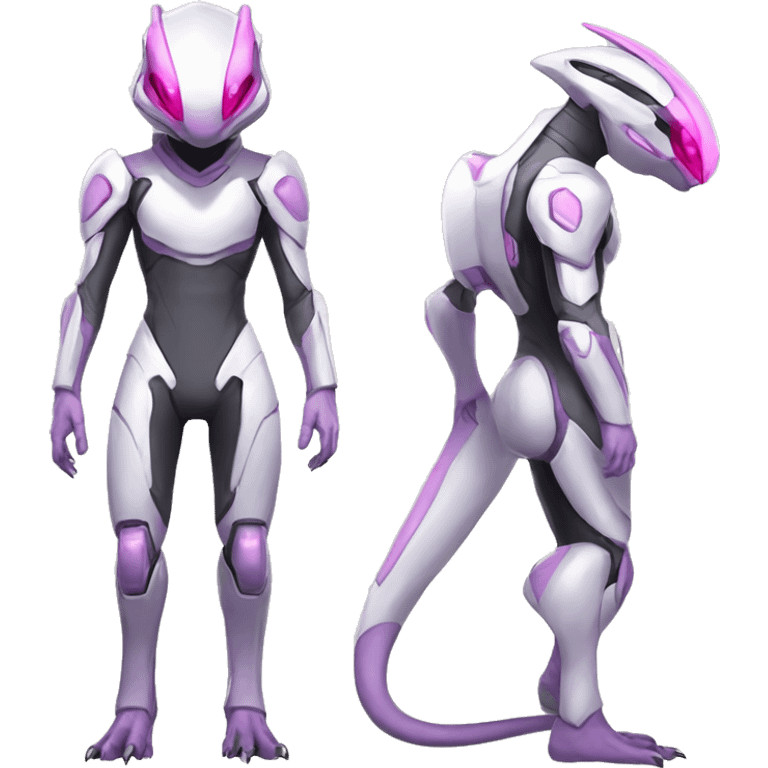 White Anthro-Lizard-Reptile-Raptor-Alien-Genesect-Mewtwo-Fakémon, with pink eyes, with a futuristic visor-helmet, wearing a techwear-suit, Full Body emoji