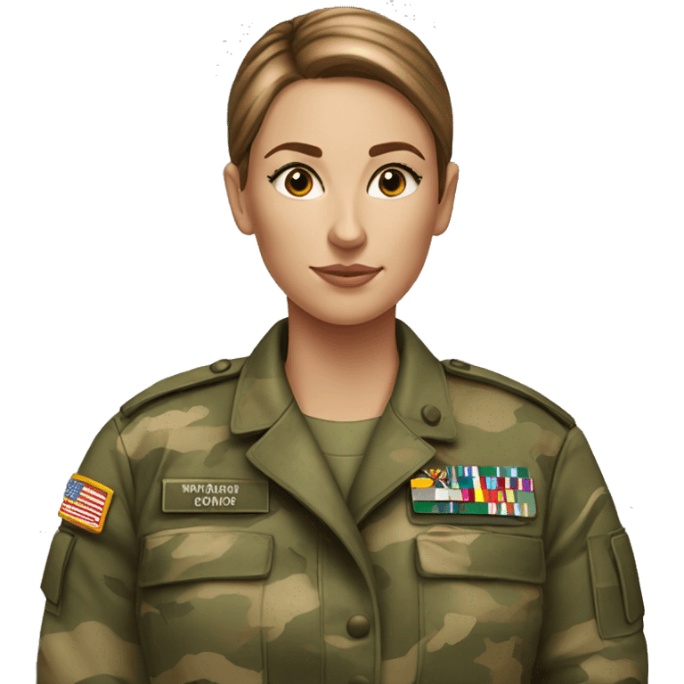 White freckled Woman in camo military uniform , brown hair, sleek hair bun emoji