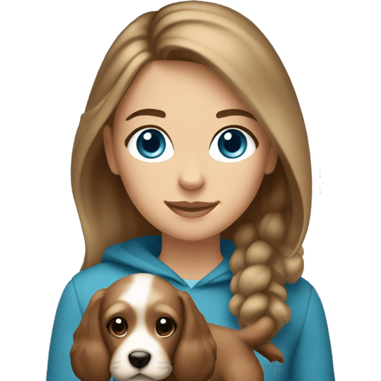 girl with brown hair and blond highlights, straight hair,  blue eyes and holding a light brown cockapoo emoji