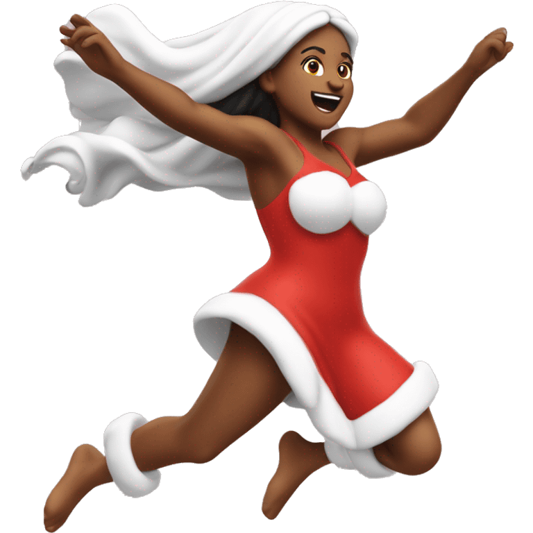 Spring goddess sprinting, with a large stride and arms outstretched, in a red santa costume emoji