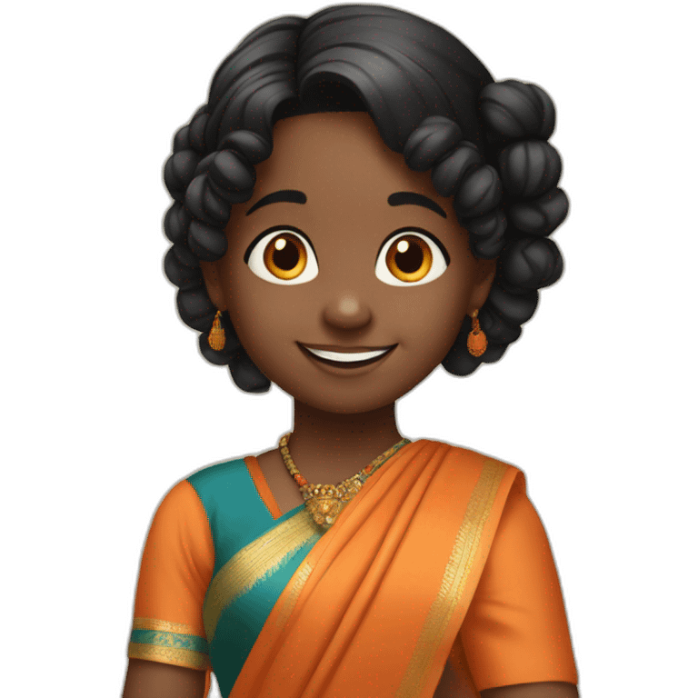 smiling and pointing 3 years old dark skin indian girl with black curly hair in pigtails wearing a orange saree emoji