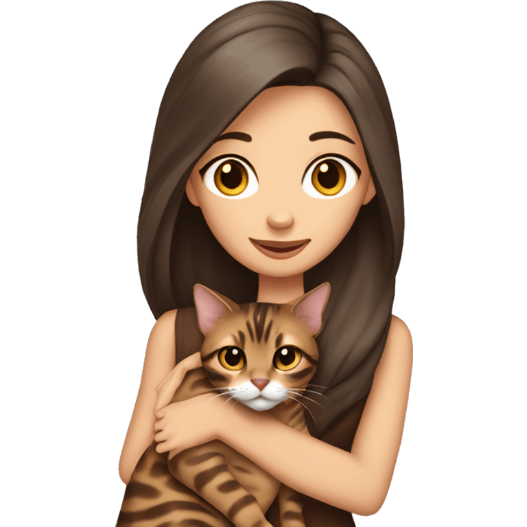 Beautiful skinny woman long dark brown hair in dress hug bengal cat emoji