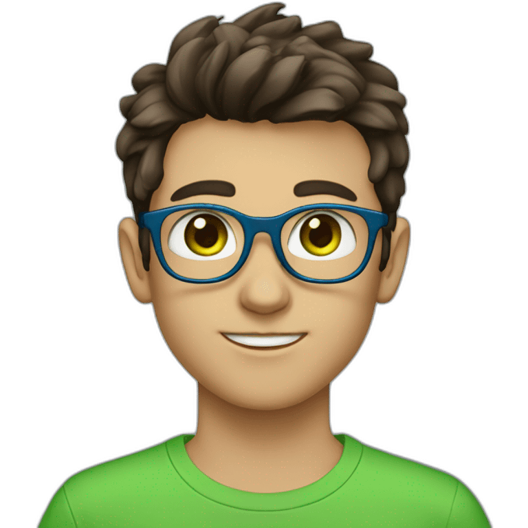 A boy with dark brown hairs with green eyes with blue eyesglasses and ref t-shirt emoji