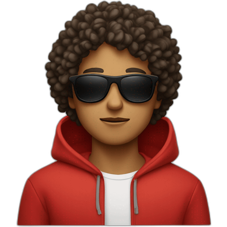 Square-jawed boy with curly hair and black sunglasses and red hoodie emoji