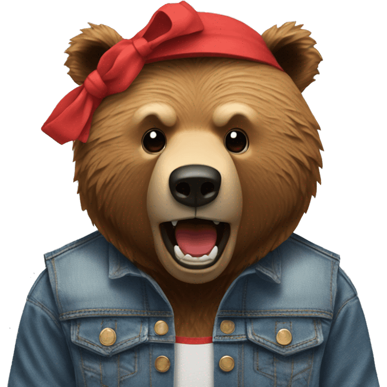 grizzly bear wearing sleeveless jean jacket and red headband with open mouth emoji