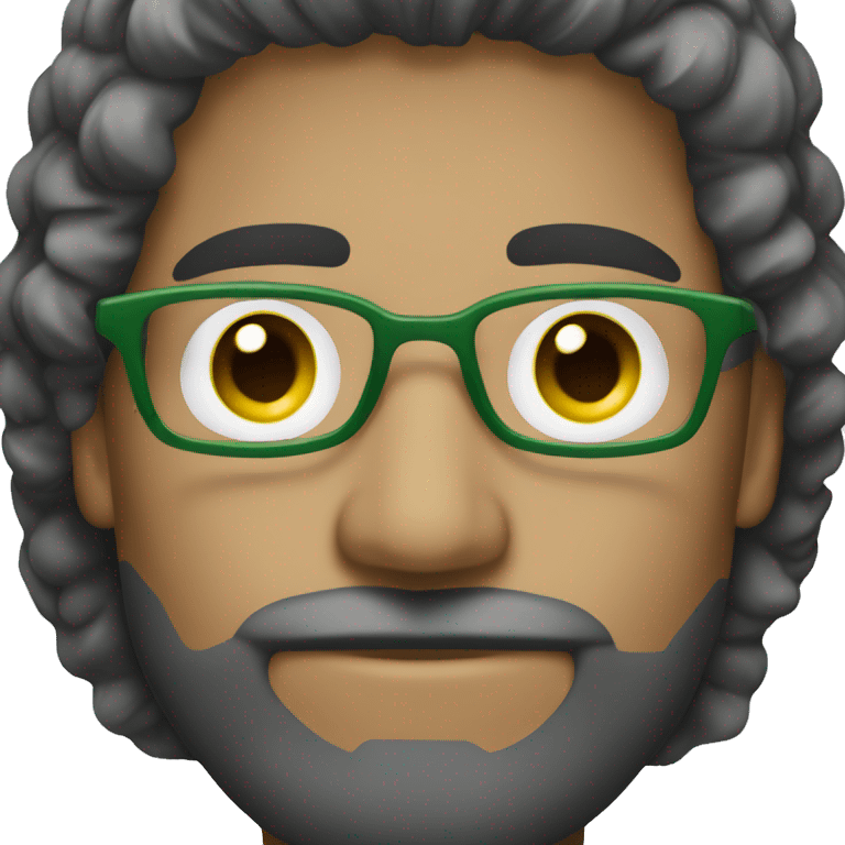 homem branco, olhos verdes, cabelo grisalho e barba, usa óculos emoji