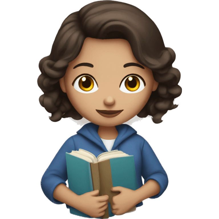 brunette woman with blue eyes holding a book emoji