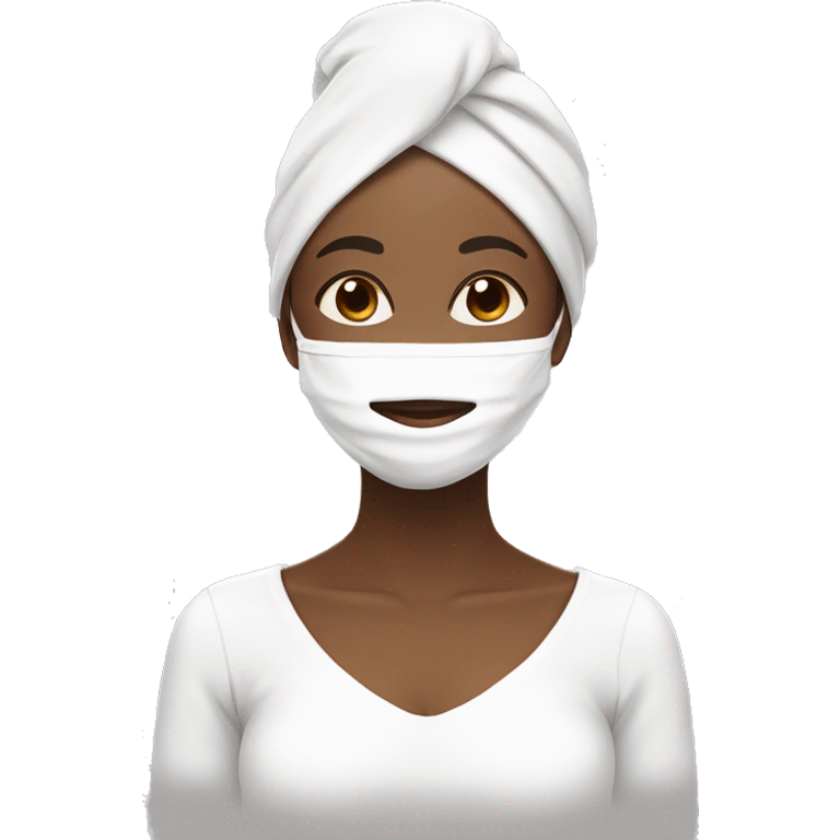 brown skin girl with white face mask in white towel with another white towel wrapped on her head closing her eyes and smiling emoji