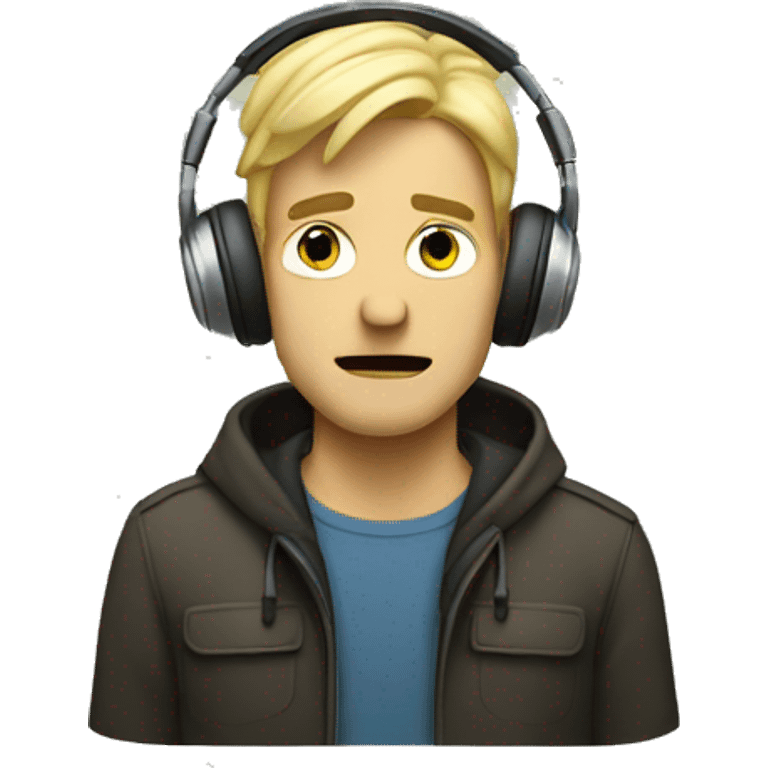 a blonde man listening to music with a sad face emoji