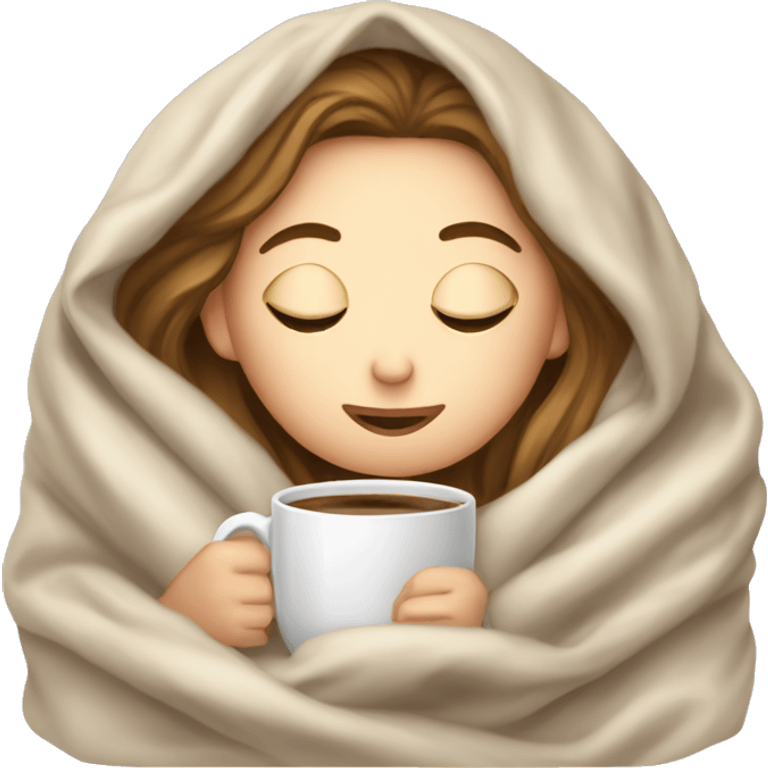 White girl inside a blanket sipping coffee eyes closed emoji